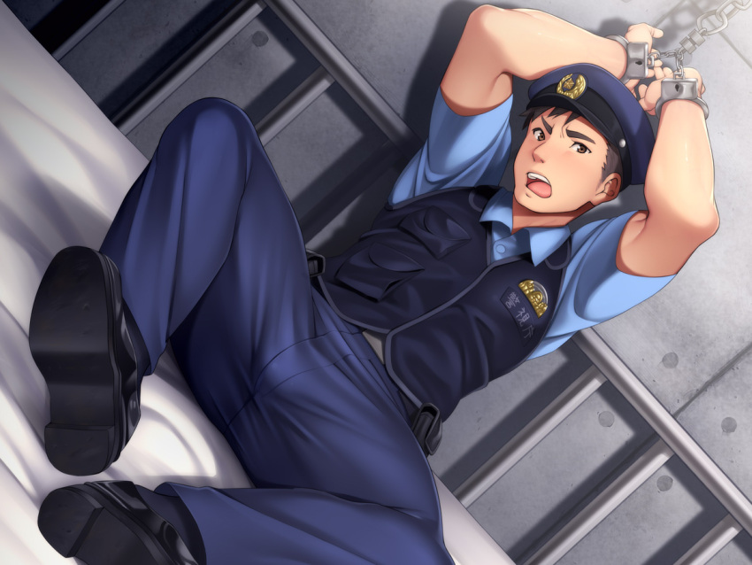 1boy bara bed black_hair black_vest blue_pants blue_shirt bound bound_wrists cuffs handcuffs hat hinahara_hajime male_focus muscular muscular_male on_bed open_mouth original pants police police_hat police_uniform policeman restrained shirt short_hair solo uniform vest