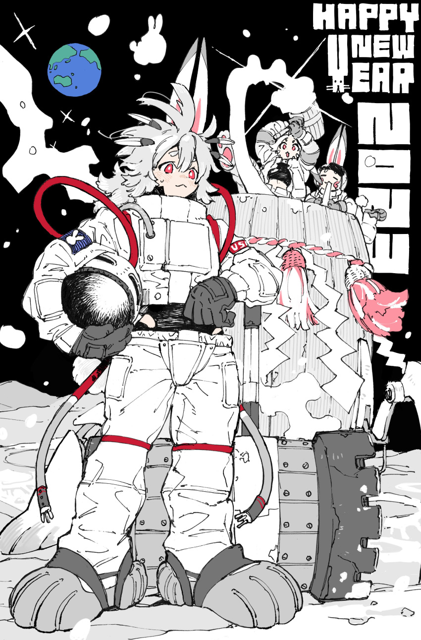 2023 3girls absurdres animal_ears arms_up astronaut blush_stickers breasts bright_pupils chinese_zodiac closed_eyes closed_mouth commentary_request crop_top earth_(planet) eating english_text food full_body gloves grey_gloves grey_hair hands_up happy_new_year hatching_(texture) headwear_removed helmet helmet_removed highres holding holding_helmet holding_mallet jacket kouhaku_nawa limited_palette long_sleeves mallet medium_breasts medium_hair midriff mochi mochitsuki moon_rabbit multiple_girls on_moon open_clothes open_jacket original pants paw_print_soles planet rabbit_ears red_eyes rope sasami_(ki) shide shimenawa smile solo_focus space space_helmet spacesuit standing star_(sky) tassel white_jacket white_pants white_pupils year_of_the_rabbit