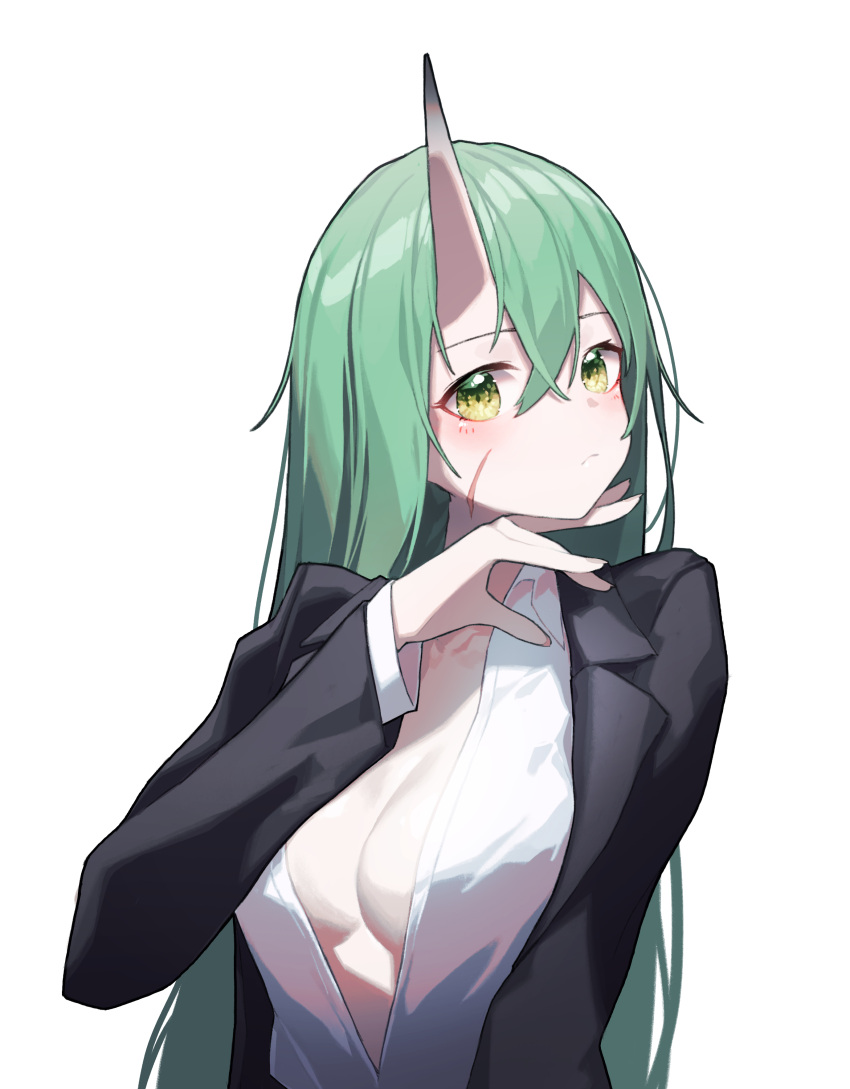 1girl absurdres arknights bangs beudelb black_jacket black_suit blush breasts cleavage closed_mouth collared_shirt formal green_eyes green_hair hair_between_eyes highres horns hoshiguma_(arknights) jacket large_breasts long_hair long_sleeves looking_at_viewer no_bra oni_horns open_clothes open_shirt scar scar_on_cheek scar_on_face shirt simple_background single_horn skin-covered_horns solo suit white_background white_shirt