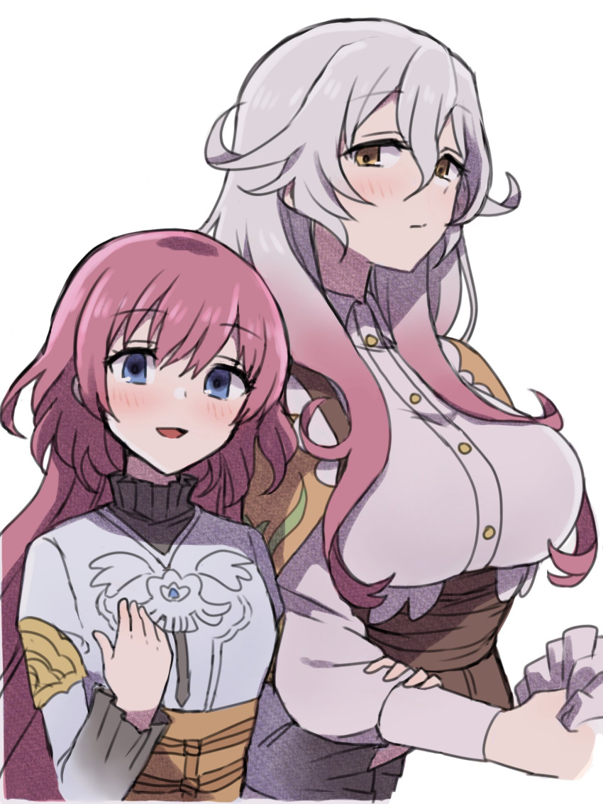 2girls apo_518 bangs blue_eyes blush breasts buttons cape closed_mouth collared_shirt elsje_(rune_factory) gradient_hair grey_hair hair_between_eyes hand_on_another's_arm hand_up highres large_breasts long_hair long_sleeves multicolored_hair multiple_girls open_mouth orange_cape pink_hair pink_shirt priscilla_(rune_factory) rune_factory rune_factory_5 shirt siblings simple_background sisters smile two-tone_hair underbust wavy_hair white_background white_shirt yellow_eyes