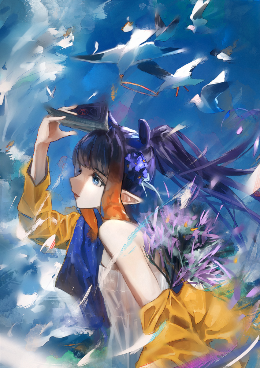 1girl absurdres bird blue_eyes book book_on_head bouquet from_side greedice halo highres holding holding_book hololive hololive_english jacket long_hair ninomae_ina'nis object_on_head official_alternate_costume pointy_ears sky solo violet_(flower) violet_(ninomae_ina'nis) virtual_youtuber yellow_raincoat