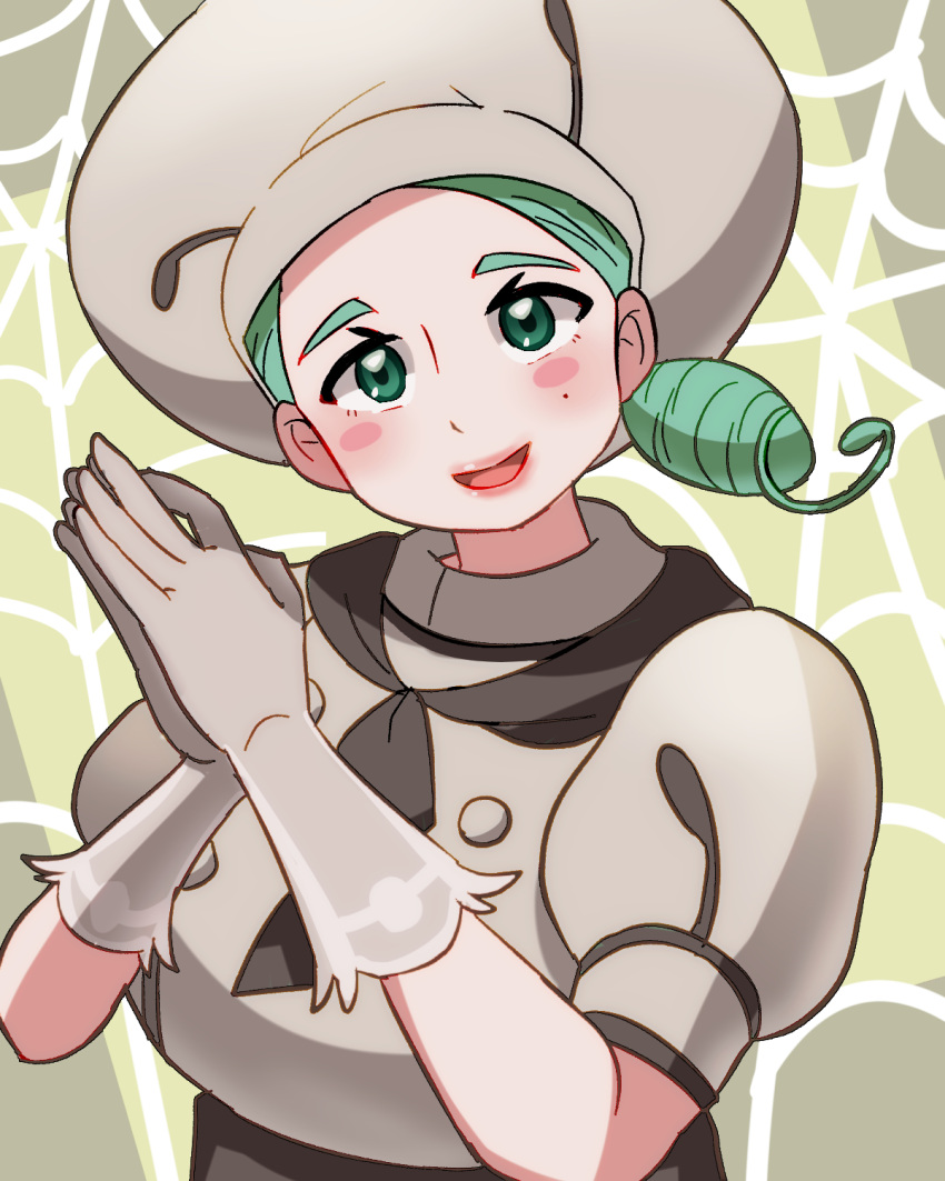 1girl ascot brown_ascot buttons chef gloves green_eyes hat highres katy_(pokemon) light_green_hair looking_at_viewer mole mole_on_cheek open_mouth pokemon pokemon_(game) pokemon_sv puffy_short_sleeves puffy_sleeves short_sleeves shugara smile solo white_headwear