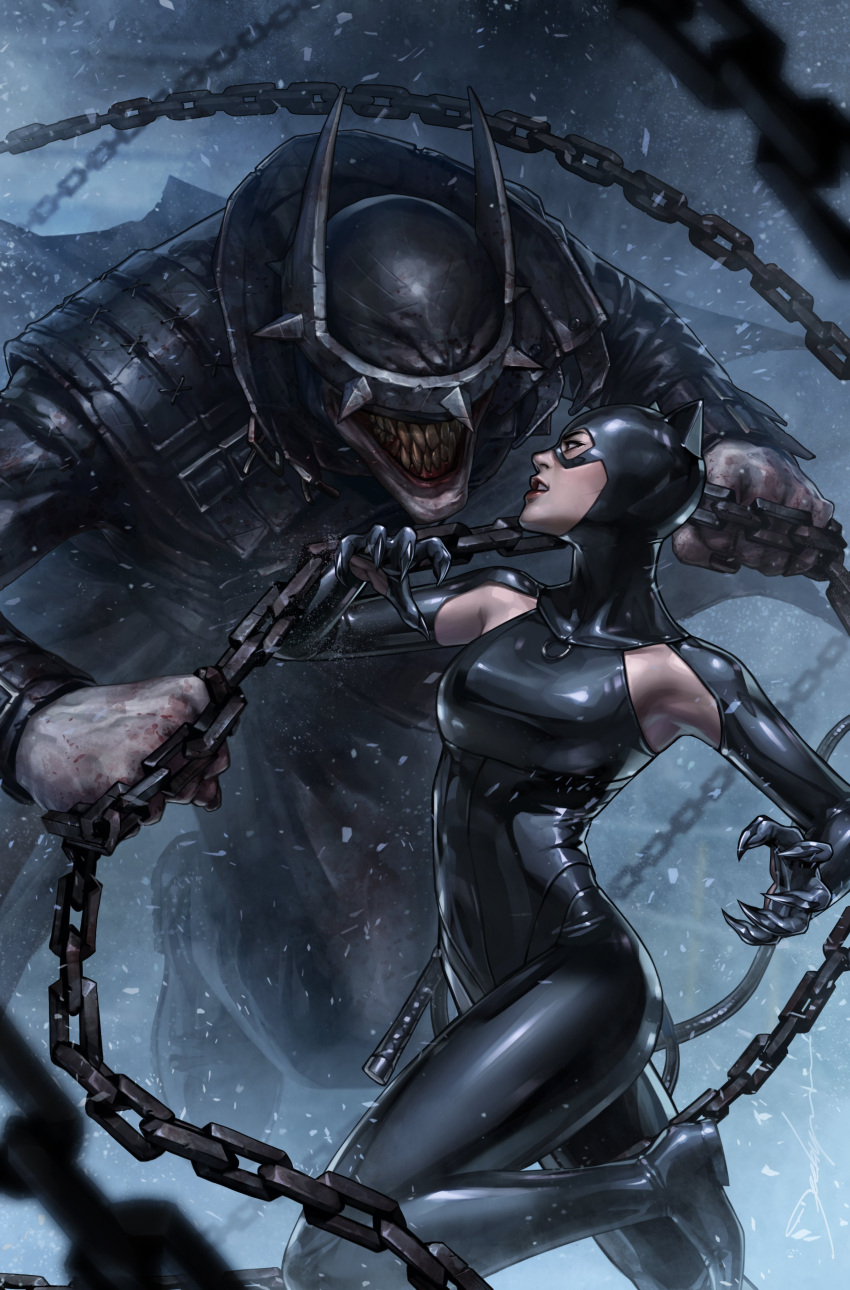 1boy 1girl absurdres animal_ears armpit_cutout batman_(series) black_bodysuit black_jacket blood blurry blurry_foreground bodysuit cat_ears catwoman chain claws clenched_hands clothing_cutout commentary covered_eyes dc_comics depth_of_field english_commentary evil_grin evil_smile eyelashes fake_animal_ears fighting grin hands_up highres jacket jee-hyung_lee latex latex_bodysuit lips long_sleeves looking_at_another parted_lips profile sharp_teeth smile spikes straitjacket teeth the_batman_who_laughs whip