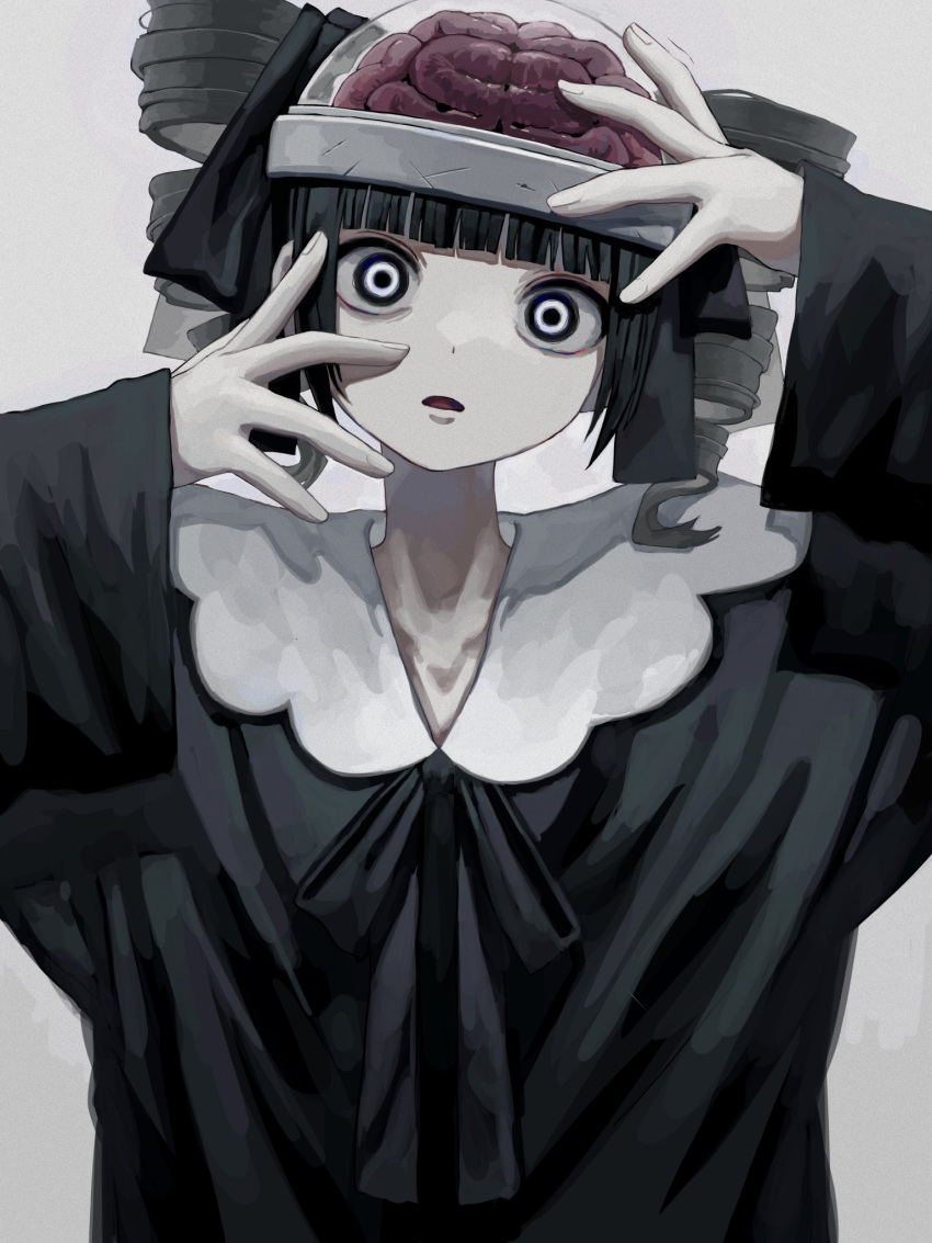 1girl arms_up bangs black_hair black_ribbon black_shirt blunt_bangs brain collarbone dome drill_hair empty_eyes exposed_brain grey_background hair_ribbon hands_on_own_head head_tilt highres light_frown long_sleeves looking_at_viewer medium_hair neck_ribbon ninomae_(nnme_618) open_mouth original pale_skin ribbon shirt simple_background solo twin_drills upper_body white_eyes wide-eyed wide_sleeves