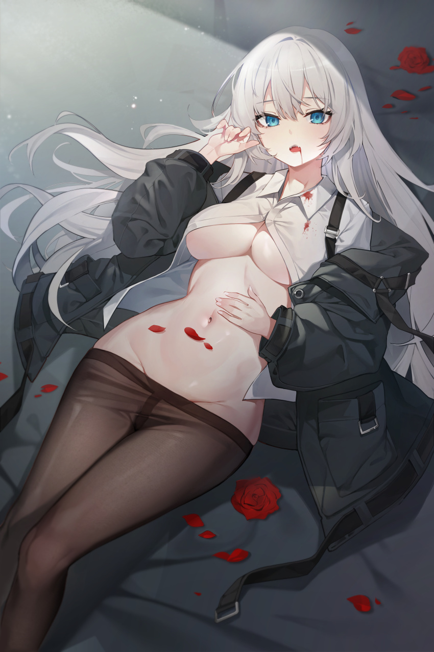 1girl absurdres bangs black_pantyhose blood blood_on_clothes blood_on_face blue_eyes breasts chukibabo2 clothes_pull collared_shirt commentary_request fangs feet_out_of_frame flower groin hand_on_own_stomach hand_up highres jacket korean_commentary long_hair long_sleeves looking_at_viewer lying navel no_panties on_back open_clothes open_jacket open_mouth open_shirt pantyhose pantyhose_pull petals red_flower red_rose rose rose_petals shirt shoulder_strap sidelocks solo stomach underboob vampire white_hair