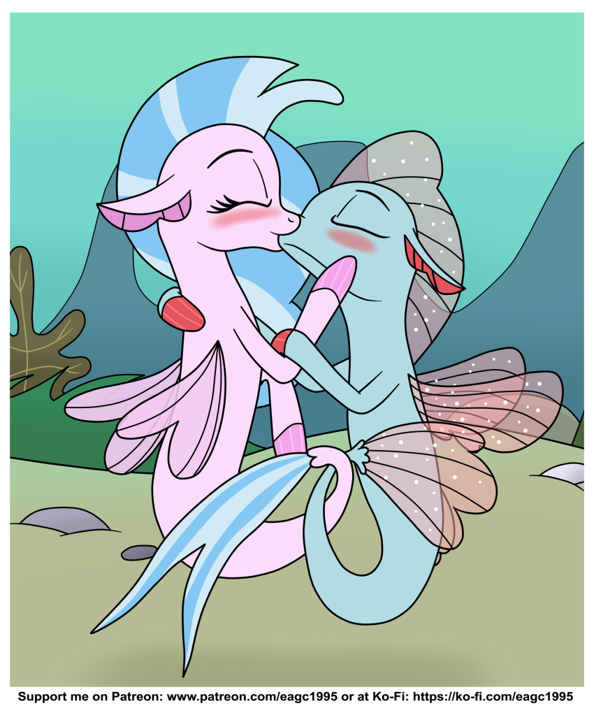 alternate_species blue_body blue_hair blush disguised_changeling duo eagc7 entwined_tails eyes_closed female female/female feral fin fish friendship_is_magic hair hasbro hi_res intraspecies kiss_on_lips kissing ko-fi love marine my_little_pony ocellus_(mlp) patreon pink_body sea seahorse silverstream_(mlp) syngnathid syngnathiform tail tail_coil text underwater url water