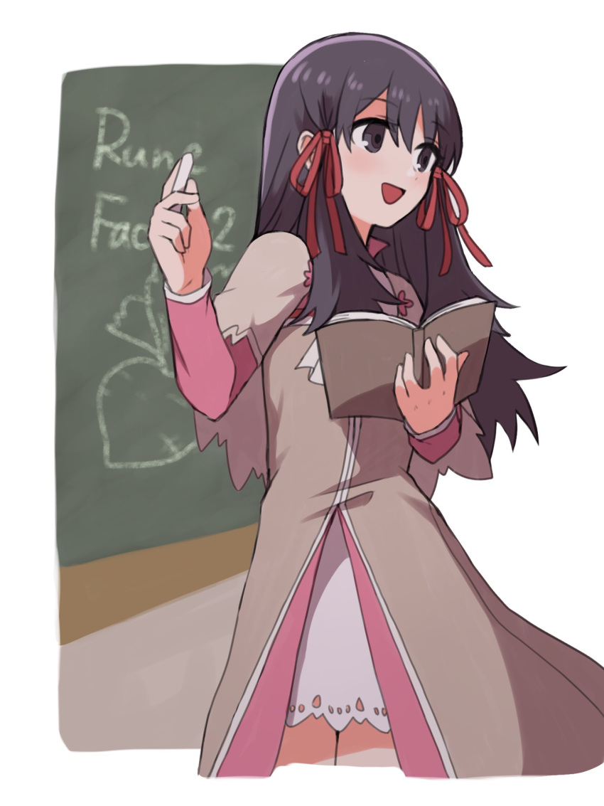 1girl :d apo_518 bangs black_eyes black_hair book chalk chalkboard coat copyright_name dress grey_coat hair_between_eyes hair_ribbon highres holding holding_book holding_chalk lace-trimmed_dress lace_trim long_hair long_sleeves mana_(rune_factory) open_book open_mouth red_ribbon ribbon rune_factory rune_factory_2 smile solo turnip white_dress