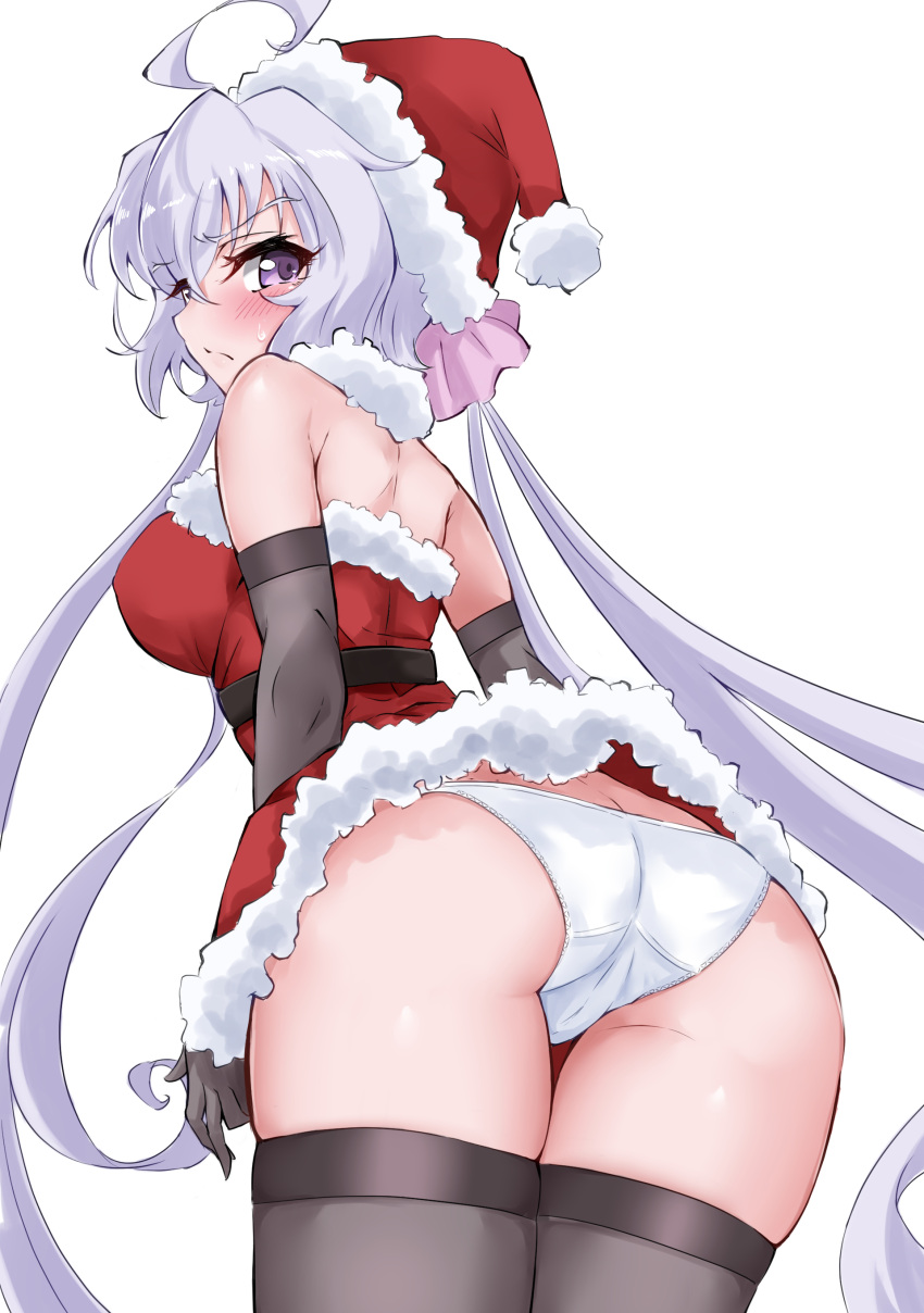 1girl absurdres ahoge ass black_gloves black_thighhighs blush breasts christmas closed_mouth crotch elbow_gloves freedom_xdrive gloves hair_ornament hair_scrunchie hat highres large_breasts long_hair looking_at_viewer looking_back panties purple_eyes purple_hair santa_costume santa_hat scrunchie senki_zesshou_symphogear simple_background solo sweat thighhighs twintails underwear white_background white_panties yukine_chris