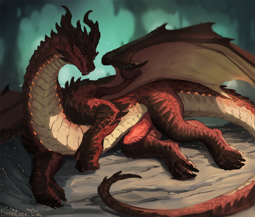 arm_spikes belly_scales cave claws dragon elbow_spikes erection feral genitals horn long_neck lying lynncore male membrane_(anatomy) membranous_wings on_side penis red_body red_scales scales scalie smile solo spikes spikes_(anatomy) western_dragon wings