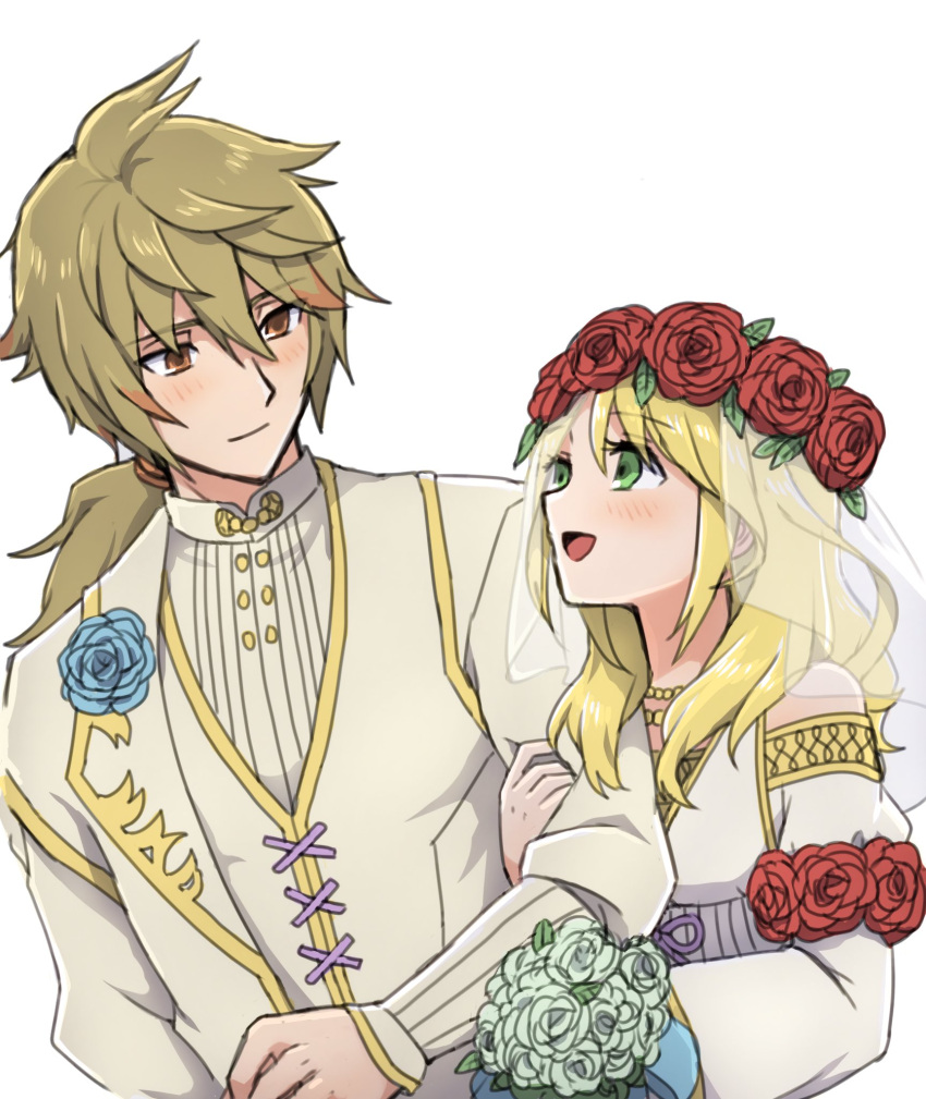 1boy 1girl :d alice_(rune_factory) apo_518 blonde_hair blue_flower blue_rose bouquet bridal_veil closed_mouth dress flower green_eyes green_flower green_hair green_rose groom hand_on_another's_arm head_wreath highres jewelry leaf long_hair multicolored_hair multiple_necklaces necklace orange_eyes orange_hair ponytail red_flower red_rose reinhard_(rune_factory) rose rune_factory rune_factory_5 see-through simple_background smile two-tone_hair veil wedding_dress white_background white_dress