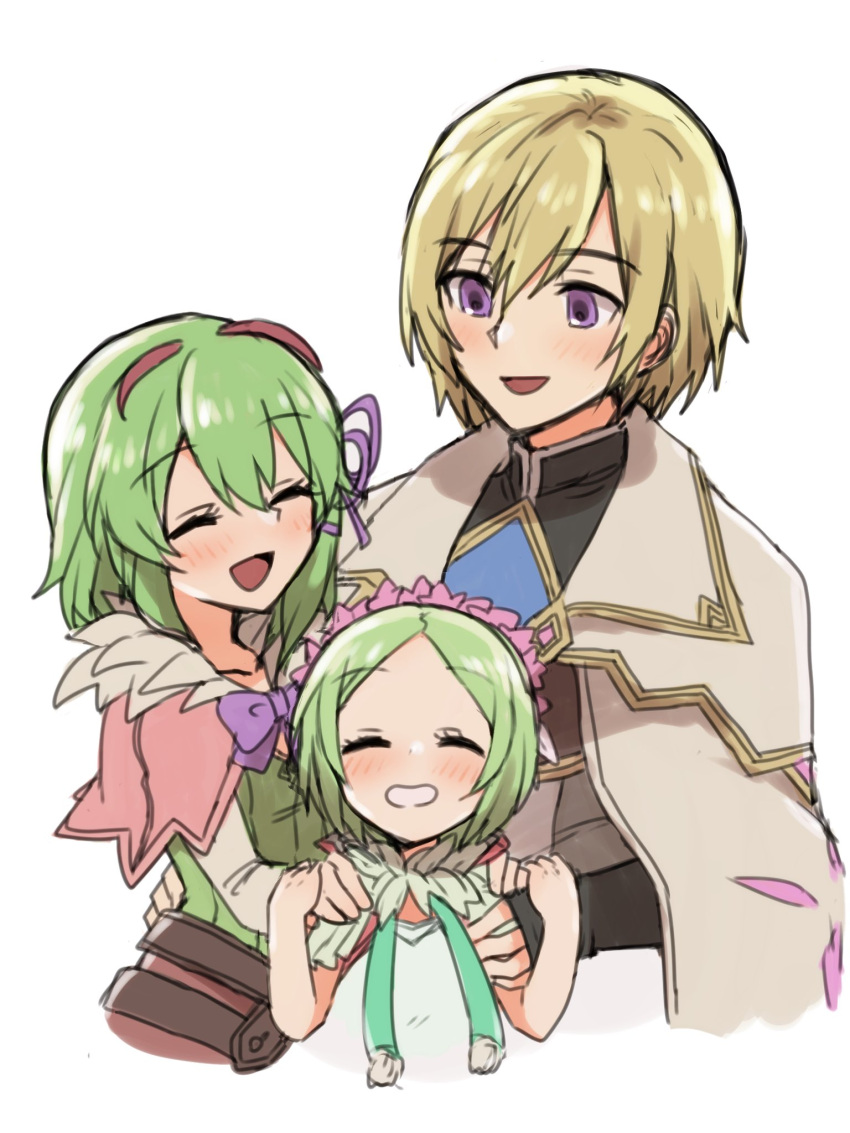 1boy 2girls :d ^_^ antennae apo_518 bangs blonde_hair bow bowtie capelet closed_eyes collarbone eyelashes family female_child hair_between_eyes hair_ribbon highres kohaku_(rune_factory) lest_(rune_factory) light_green_hair looking_at_another luna_(rune_factory) multiple_girls pink_capelet purple_bow purple_bowtie purple_eyes purple_ribbon ribbon rune_factory rune_factory_4 short_hair simple_background smile white_background