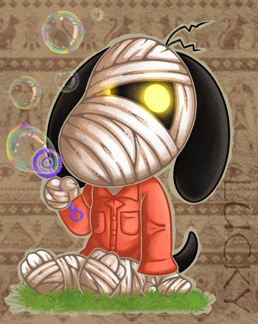 animal_crossing anthro bandage biped black_ears black_nose black_tail blowing_bubbles body_cast bottomless bubble bubble_wand canid canine canis clothed clothing domestic_dog full-length_portrait glowing glowing_eyes hi_res holding_object looking_at_viewer lucky_(animal_crossing) male male_(lore) mammal mummy_wrappings nintendo paws portrait shirt sitting solo tail topwear wienerdogworks wrapped_up yellow_eyes