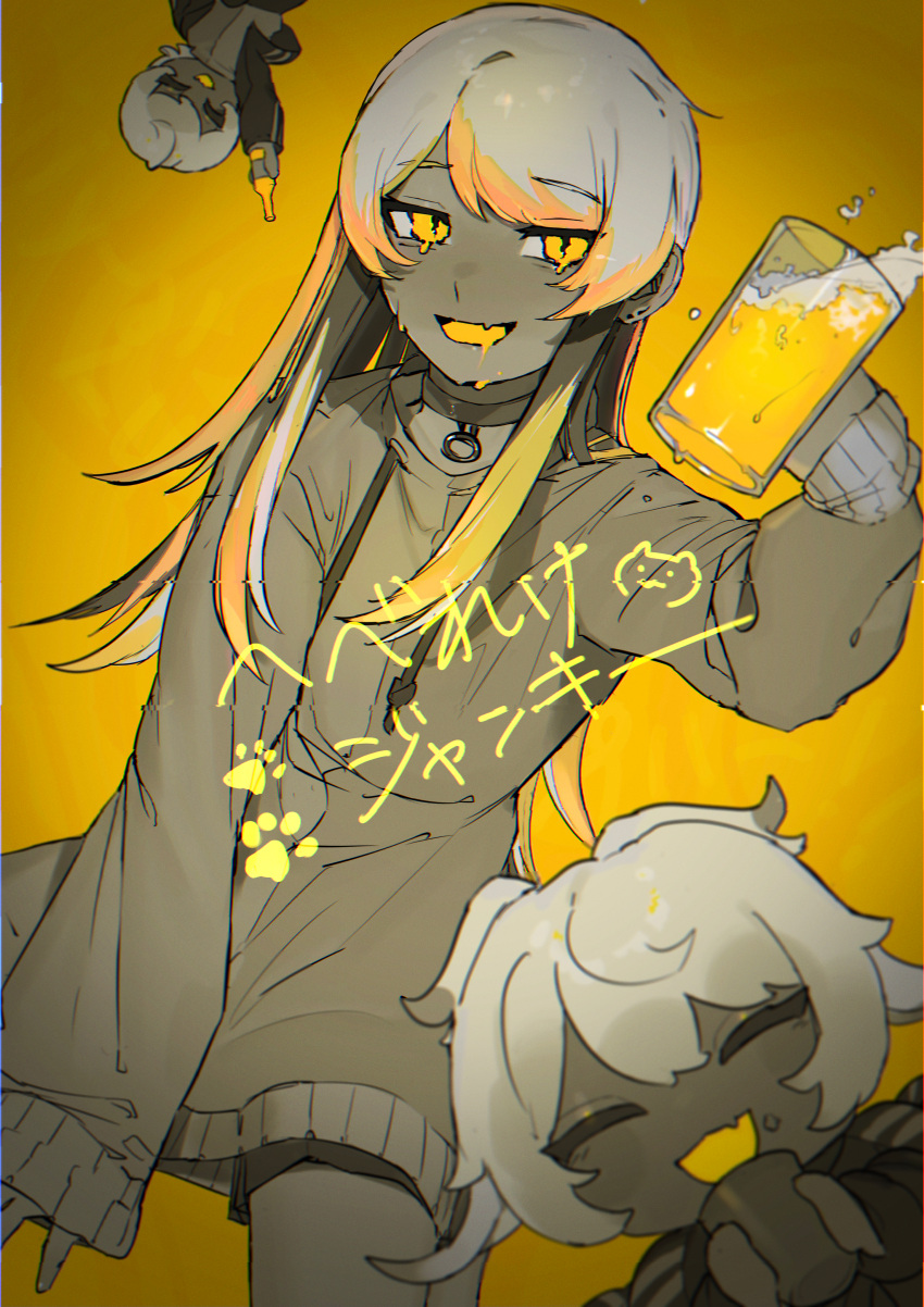 1girl absurdres alcohol alternate_hairstyle arm_up bangs beer beer_bottle beer_mug chibi chibi_inset choker commentary cup drooling dutch_angle earrings fang feet_out_of_frame greyscale half-closed_eyes hand_up highres holding holding_cup hood hoodie jewelry long_hair long_sleeves looking_at_viewer melissa_kinrenka monochrome mug nijisanji paw_print short_hair shorts sidelocks sitting skin_fang sleeves_past_wrists slit_pupils song_name stud_earrings swept_bangs tears toufu_(tofu_prprpr) twintails vhs_artifacts wariza wavy_eyes yellow_theme