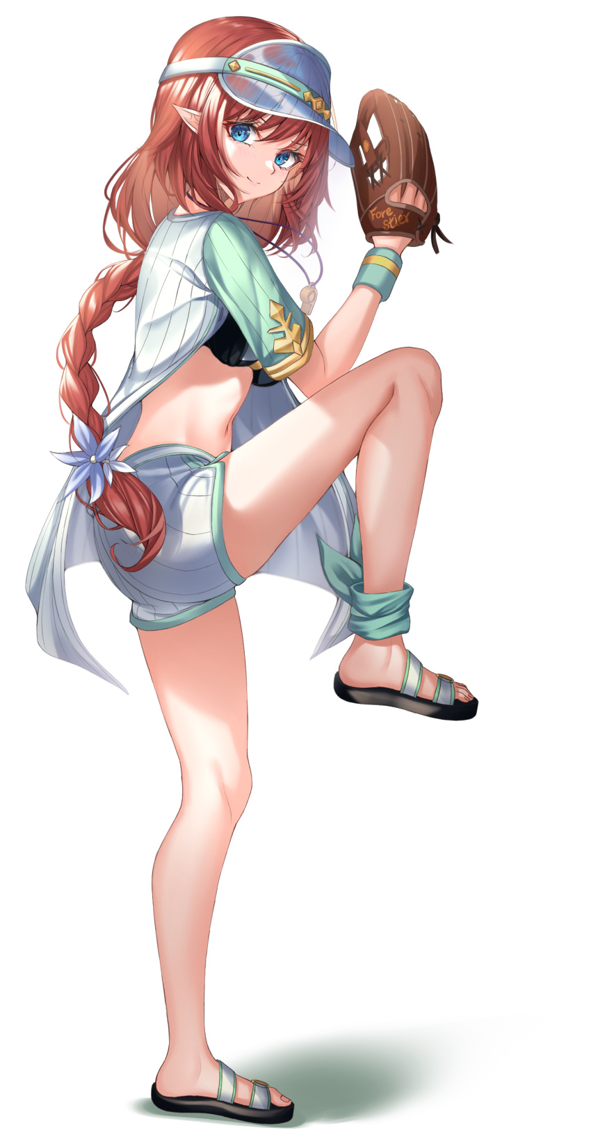 1girl absurdres bangs baseball_jersey baseball_mitt blue_eyes braid braided_ponytail bratja closed_mouth highres long_hair misato_(princess_connect!) navel open_clothes open_shirt princess_connect! red_hair sandals shirt short_shorts shorts simple_background smile solo standing standing_on_one_leg swimsuit visor_cap white_background white_shirt
