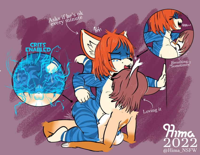 absurd_res ande_(hima_nsfw) anthro asphyxiation blue_body blue_fur bodily_fluids brown_hair canid canine cowgirl_position duo electricity felid feline female fox from_front_position fur hair hi_res hima_nsfw hybrid lynx maha_(hima_nsfw) male male/female mammal moan on_bottom on_top orange_body orange_fur orange_hair pantherine sex short_stack size_difference sweat tan_body tan_fur thrusting tiger white_body white_fur