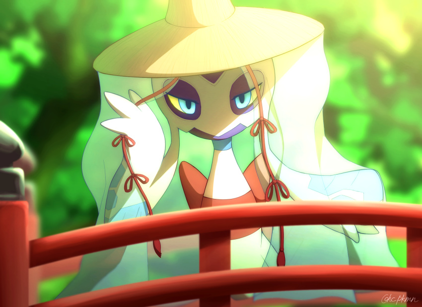 blue_eyes blurry closed_mouth clothed_pokemon colored_sclera commentary_request day froslass hand_up hat highres looking_at_viewer monaka_(hc_pkmn) no_humans outdoors pokemon pokemon_(creature) solo veil yellow_headwear yellow_sclera
