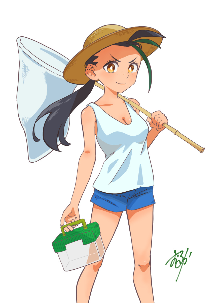 1girl absurdres alternate_costume black_hair blue_shorts breasts bright_pupils brown_eyes brown_headwear bug_catcher_(pokemon) butterfly_net cleavage closed_mouth commentary_request eyelashes green_hair hand_net hat highres holding holding_butterfly_net knees long_hair multicolored_hair nemona_(pokemon) pokemon pokemon_(game) pokemon_sv ponytail shirt shorts simple_background sleeveless sleeveless_shirt smile solo two-tone_hair white_background white_pupils white_shirt wolkat