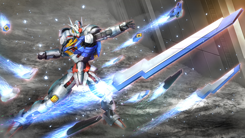 bit_(gundam) commentary exhaust flying funnels_(gundam) green_eyes gundam gundam_aerial gundam_suisei_no_majo highres light_particles mecha mobile_suit no_humans robot science_fiction solo standing v-fin weapon yoshinobuta