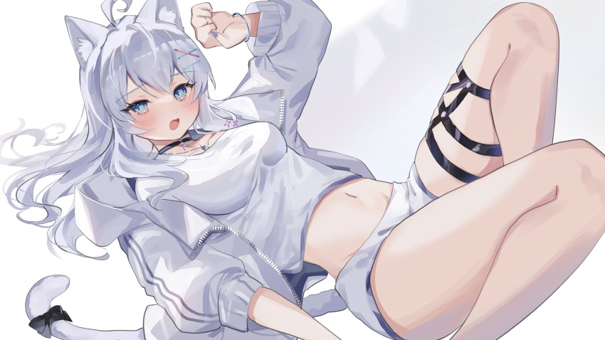 1girl :o ahoge animal_ears arm_up black_choker blue_eyes bow breasts cat_ears cat_girl cat_tail choker crop_top hair_ornament hairclip highres jacket knees_up long_hair long_sleeves looking_at_viewer medium_breasts midriff navel open_clothes open_jacket open_mouth original shirt short_shorts shorts solo sorani_(kaeru0768) stomach tail tail_bow tail_ornament thigh_strap thighs white_hair white_jacket white_shirt white_shorts