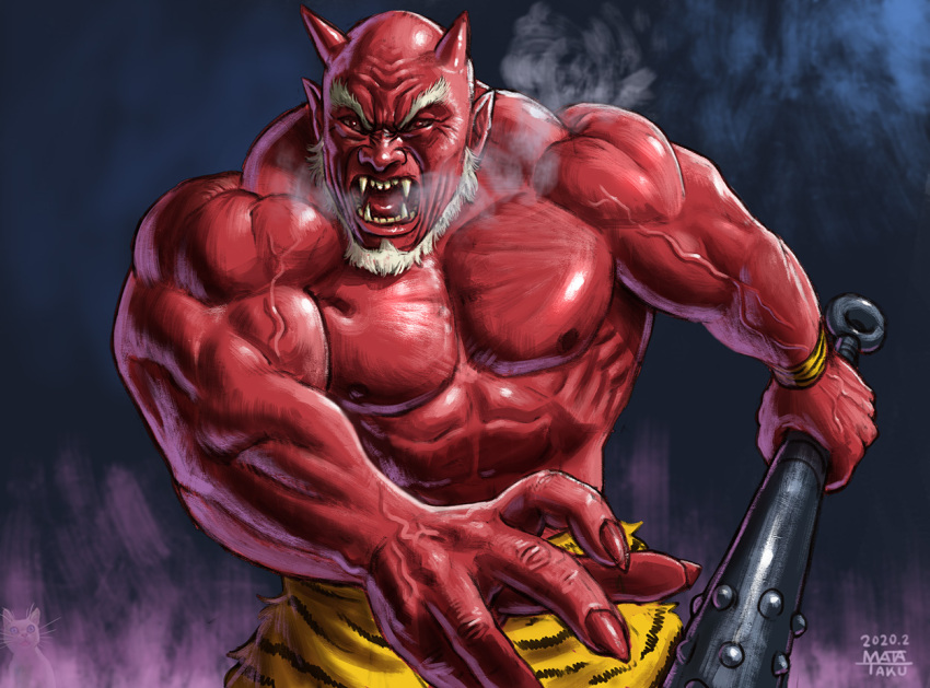 1boy abs beard breath club_(weapon) colored_skin cowboy_shot facial_hair horns kanabou loincloth looking_at_viewer matataku muscular muscular_male nipples old old_man oni oni_horns original pectorals red_oni red_skin spiked_club thick_eyebrows topless_male veins veiny_arms weapon