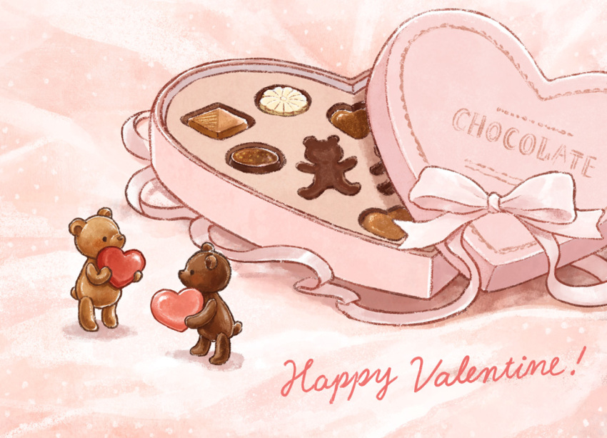 ! box box_of_chocolates chocolate chocolate_coin commentary english_text food food_focus full_body happy_valentine heart heart-shaped_box holding looking_at_another no_humans open_box original pink_background pink_ribbon ribbon standing stuffed_animal stuffed_toy sweets teddy_bear tokoyu valentine white_chocolate