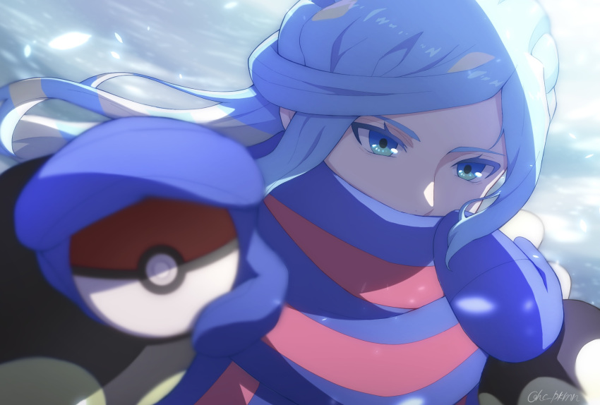 1boy blue_hair blue_mittens blue_scarf commentary_request eyelashes floating_hair green_eyes grusha_(pokemon) hands_up highres holding holding_poke_ball jacket long_hair looking_down male_focus monaka_(hc_pkmn) poke_ball poke_ball_(basic) pokemon pokemon_(game) pokemon_sv scarf scarf_over_mouth solo striped striped_scarf yellow_jacket