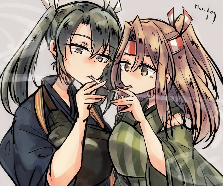 2girls brown_eyes camouflage cigarette commentary_request dark_green_hair green_kimono grey_background grey_hair hachimaki headband highres japanese_clothes kantai_collection kimono lighting_cigarette long_hair matsunaga_(haku) multiple_girls muneate simple_background smoke smoking twintails upper_body wide_sleeves zuihou_(kancolle) zuihou_kai_ni_(kancolle) zuikaku_(kancolle) zuikaku_kai_ni_(kancolle)