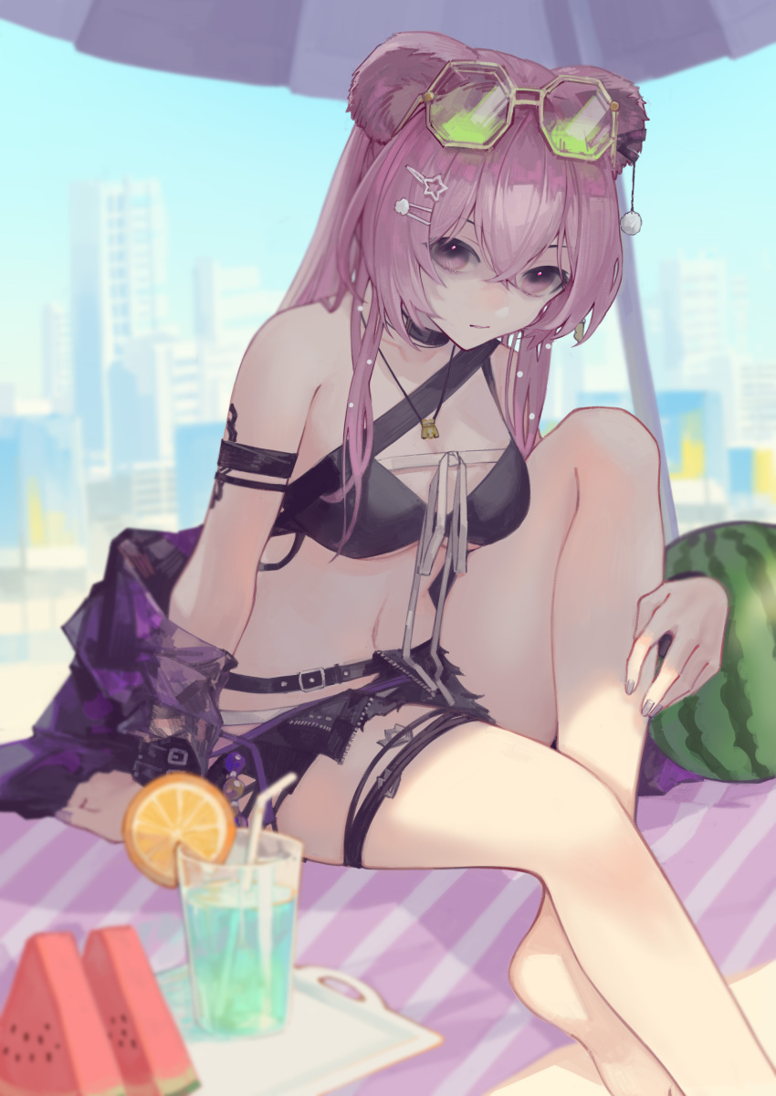 1girl absurdres animal_ears arknights arm_strap bangs bare_shoulders bikini black_bikini bracelet choker closed_mouth commentary cup drinking_glass drinking_straw eyewear_on_head food foot_out_of_frame fruit green-tinted_eyewear hair_between_eyes hair_ornament hairclip highres jewelry knee_up leg_ribbon lemon lemon_slice lin_yuhsia_(arknights) long_hair looking_at_viewer melon melon_slice miike_(992058) mouse_ears mouse_girl navel necklace official_alternate_costume outdoors parasol pink_eyes pink_hair ribbon sitting solo sunglasses swimsuit thigh_ribbon tinted_eyewear umbrella watermelon