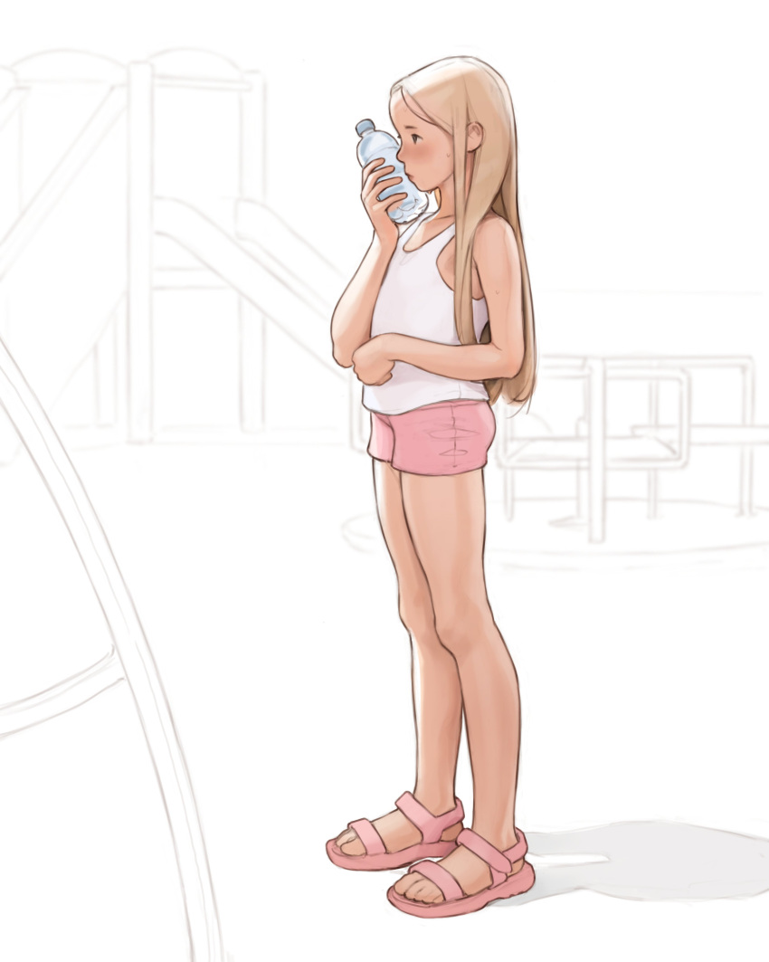 1girl absurdres bad_id bad_twitter_id bare_arms bare_legs bare_shoulders blonde_hair blush bottle child closed_mouth from_side full_body highres holding holding_bottle long_hair luimiart original park pink_footwear pink_shorts sandals shirt short_shorts shorts sleeveless sleeveless_shirt slide solo standing sweat unfinished unfinished_background water_bottle white_shirt