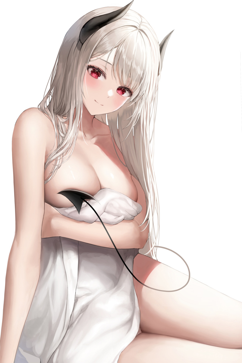 1girl absurdres black_horns blush breasts cleavage closed_mouth collarbone covering covering_breasts demon_girl demon_horns demon_tail eyelashes highres horns large_breasts long_hair looking_at_viewer lying naked_towel on_side original red_eyes simple_background smile solo tail tail_censor thighs torrentduck towel very_long_hair white_background white_hair