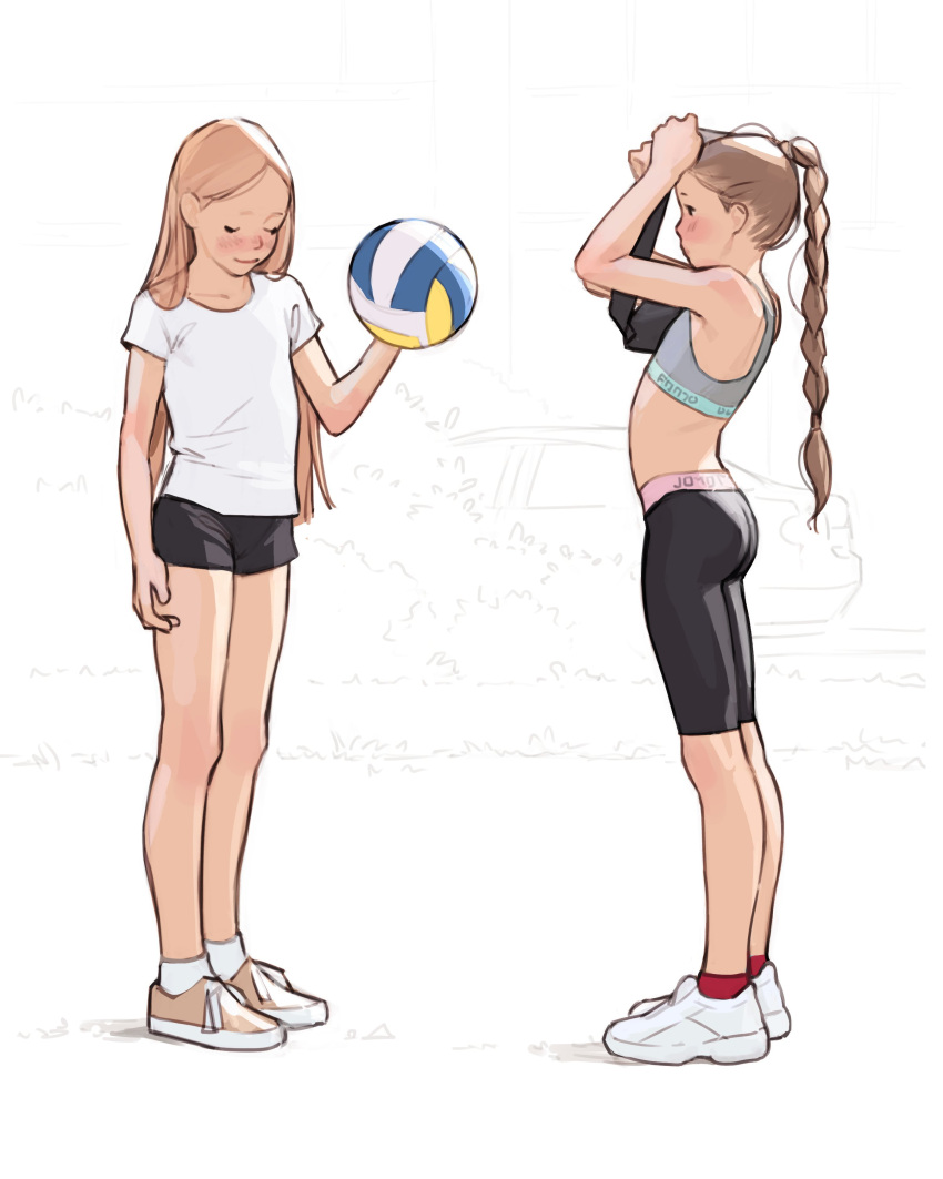 2girls absurdres ass ball bike_shorts black_shorts blonde_hair blush braid brown_footwear closed_eyes closed_mouth flat_chest from_side highres holding holding_ball long_hair luimiart multiple_girls ponytail red_socks shirt shoes short_shorts shorts smile socks sports_bra unfinished unfinished_background volleyball white_footwear white_shirt white_socks