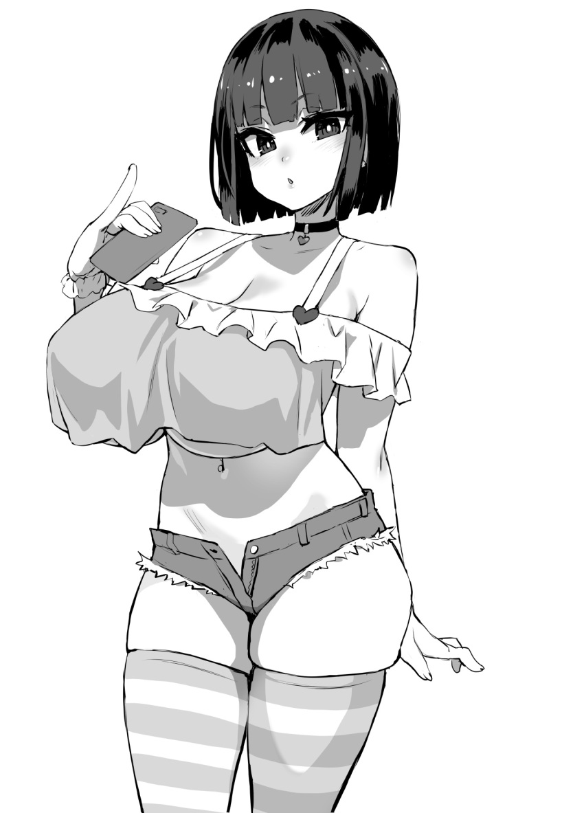 1girl asanagi black_hair breasts cellphone choker commentary_request crop_top crop_top_overhang denim denim_shorts heart heart_choker highres holding holding_phone large_breasts midriff monochrome navel original phone scrunchie short_hair short_shorts shorts smartphone solo striped striped_thighhighs thighhighs underboob wrist_scrunchie