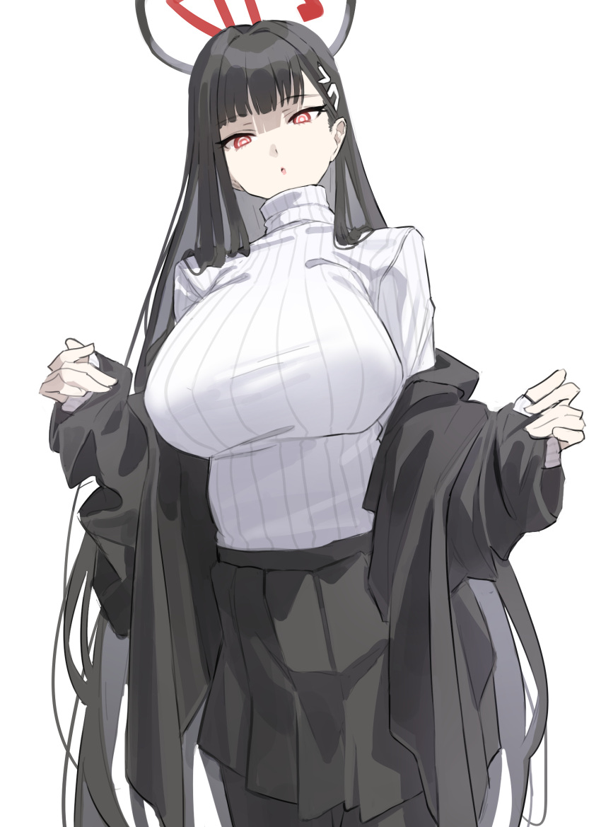 1girl applepie_(12711019) black_hair black_jacket black_skirt blue_archive breasts halo highres jacket large_breasts long_hair looking_at_viewer off_shoulder pleated_skirt red_eyes ribbed_sweater rio_(blue_archive) skirt solo sweater turtleneck turtleneck_sweater white_sweater