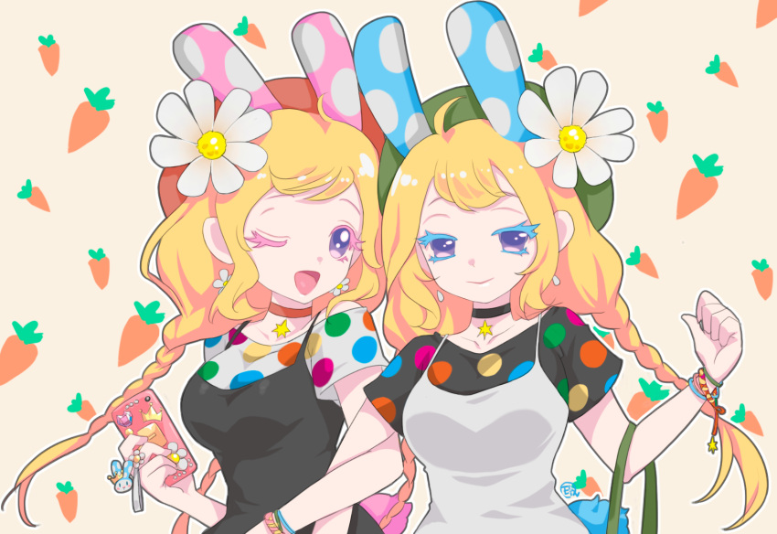 2girls animal_crossing animal_ears artist_name bangs beret black_choker black_dress black_shirt blonde_hair bracelet braid breasts carrot cellphone choker chrissy_(animal_crossing) clenched_hand collarbone colored_eyelashes commentary_request daisy dress earrings flower flower_earrings francine_(animal_crossing) green_headwear hair_flower hair_ornament hand_up hat highres holding holding_phone humanization jewelry keychain kirumin locked_arms long_hair looking_at_viewer medium_breasts multiple_girls one_eye_closed outline partial_commentary phone polka_dot polka_dot_shirt purple_eyes rabbit_ears rabbit_girl rabbit_tail red_choker red_headwear shiny_hair shirt siblings sidelocks signature sisters sleeveless sleeveless_dress smartphone spaghetti_strap standing swept_bangs tail twin_braids twintails upper_body white_dress white_flower white_outline white_shirt yellow_background