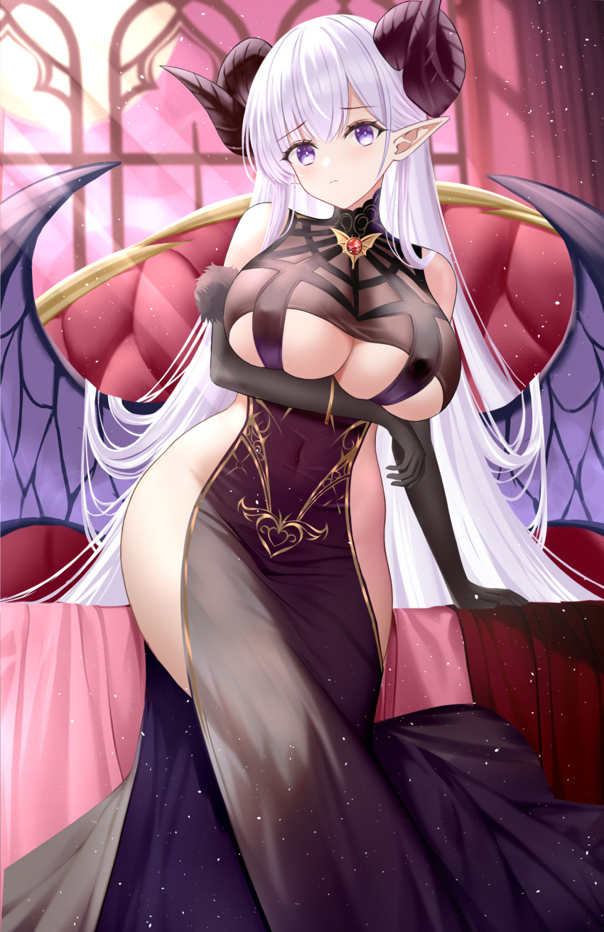 1girl absurdres albion_(azur_lane) albion_(silvermoon_faerie_princess)_(azur_lane) arm_under_breasts azur_lane bat_wings black_dress black_gloves black_horns breast_hold breasts closed_mouth clothing_cutout covered_navel covered_nipples demon_girl demon_horns demon_wings dress elbow_gloves feet_out_of_frame fur-trimmed_gloves fur_trim gem gloves gold_trim heart highres horns huge_breasts indoors long_dress long_hair looking_at_viewer no_bra no_panties official_alternate_costume pelvic_curtain pointy_ears purple_eyes red_gemstone revision side_slit sideless_outfit solo thighs tina_(tinafya) underboob underboob_cutout very_long_hair white_hair wings