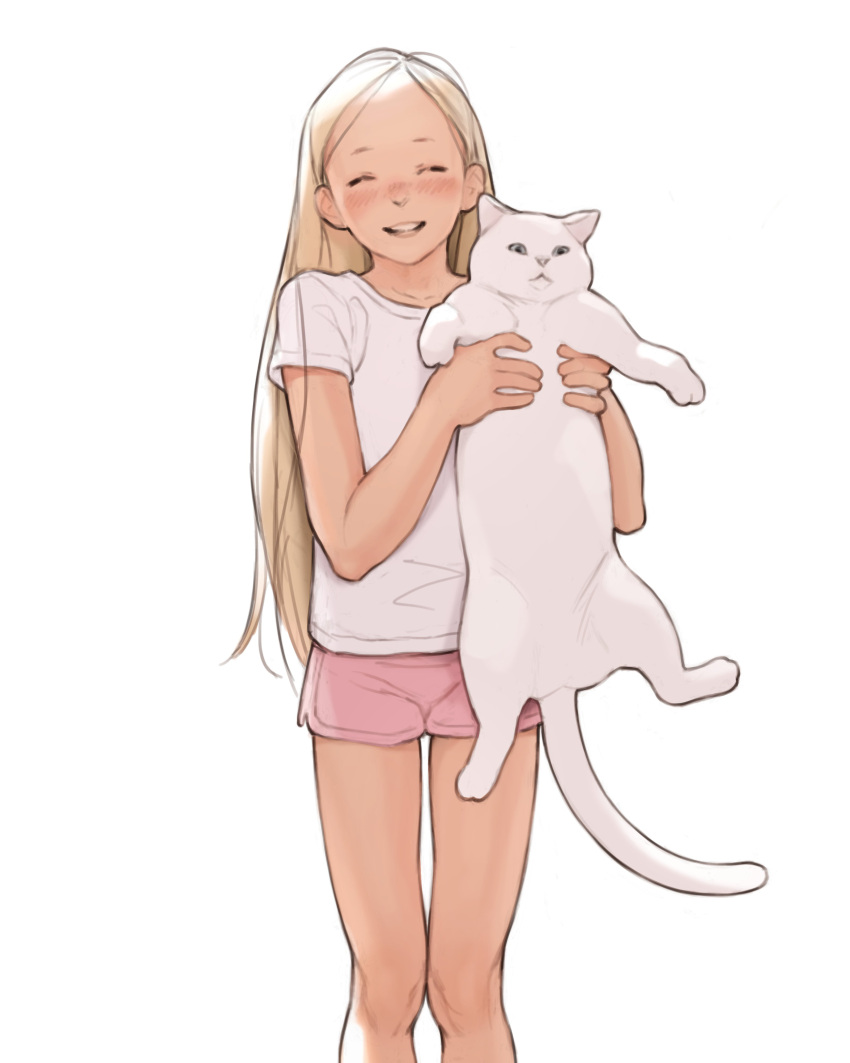 1girl absurdres animal bad_id bad_twitter_id bangs blonde_hair blush cat closed_eyes collarbone facing_viewer hands_up highres holding holding_animal holding_cat knees long_hair luimiart open_mouth original parted_bangs pink_shorts shirt short_shorts short_sleeves shorts simple_background smile standing t-shirt teeth white_background white_shirt