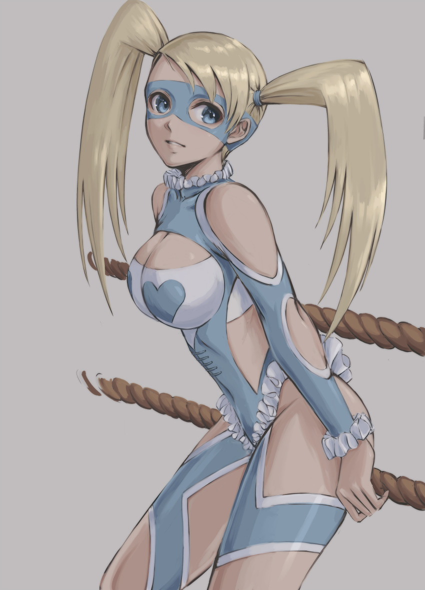 1girl absurdres ass bangs blonde_hair blue_eyes blue_leotard breasts cleavage clothing_cutout hair_pulled_back highres holding holding_rope leaning_forward leotard long_hair looking_at_viewer mask medium_breasts mixed-language_commentary rainbow_mika rope shoulder_cutout smile solo street_fighter street_fighter_zero_(series) swept_bangs thighs twintails tyanoki wrestling_outfit