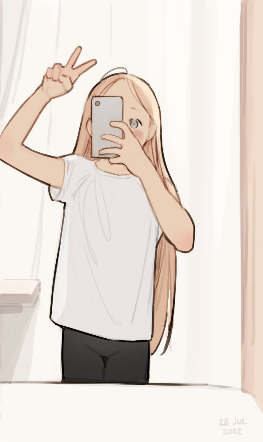 1girl absurdres bad_id bad_twitter_id black_pants blonde_hair blue_eyes blush cellphone hand_up highres holding holding_phone long_hair luimiart mirror original pants phone selfie shirt short_sleeves smartphone solo v very_long_hair white_shirt