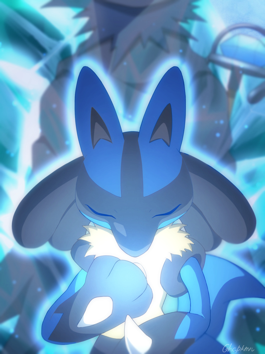 1boy blurry cape closed_eyes commentary_request facing_viewer glowing highres lucario male_focus monaka_(hc_pkmn) pokemon pokemon:_lucario_and_the_mystery_of_mew pokemon_(anime) pokemon_(creature) pokemon_rse_(anime) sir_aaron spiked_hair spikes staff twitter_username yellow_fur