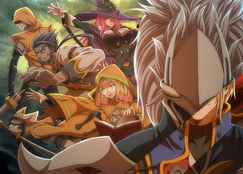 2girls 4boys armor blazblue blonde_hair book cat evil_grin evil_smile green_eyes grey_hair grimoire grin hakumen hakumen_(housamo) hat holding holding_book holding_weapon hood hoodie jin_kisaragi jubei_(blazblue) katana konoe_a._mercury long_hair mask mouth_hold multiple_boys multiple_girls pauldrons pink_hair shoulder_armor smile sword trinity_glassfield uniform valkenhayn_r._hellsing vinhnyu weapon white_hair witch_hat yellow_eyes yuuki_terumi