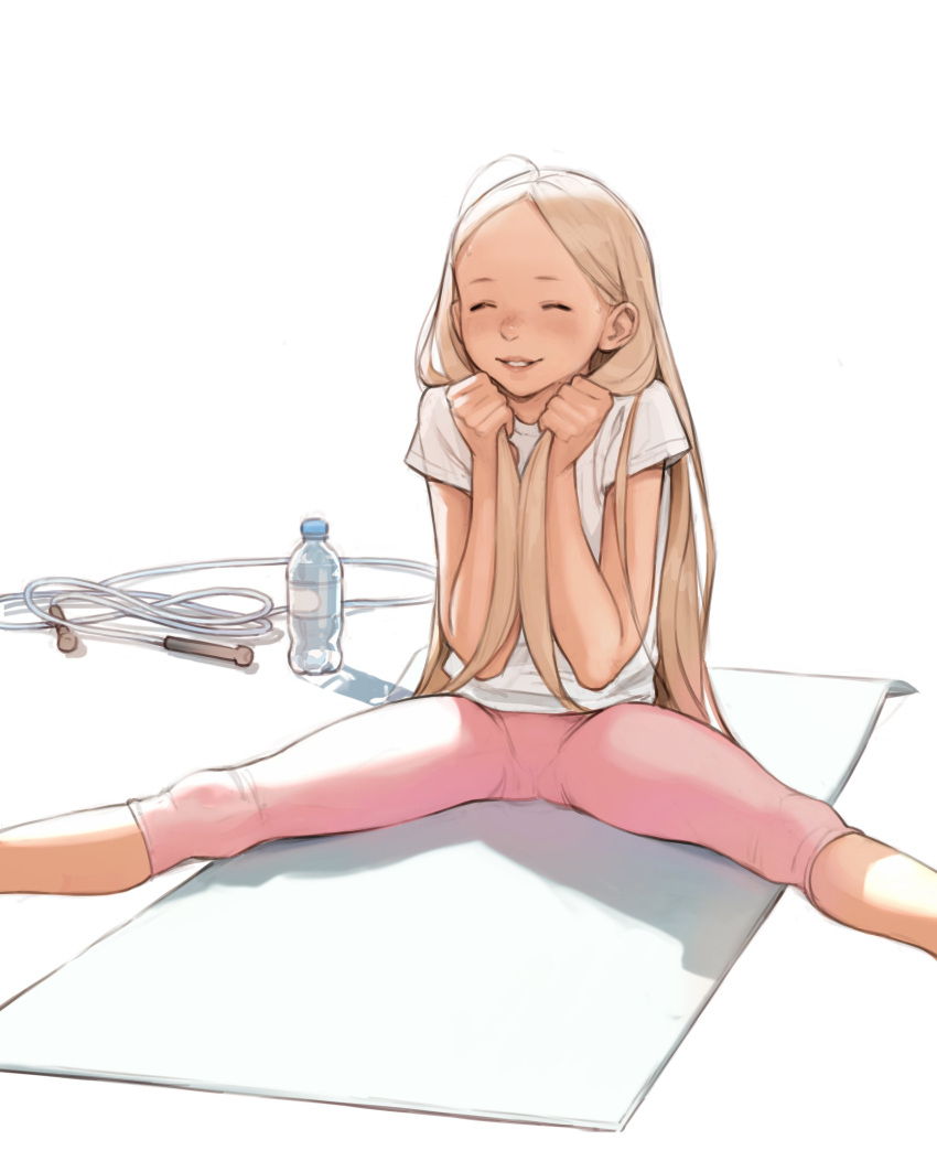 1girl absurdres blonde_hair blush bottle highres jump_rope leggings long_hair luimiart original pants smile solo spread_legs very_long_hair water water_bottle white_background yoga_mat yoga_pants