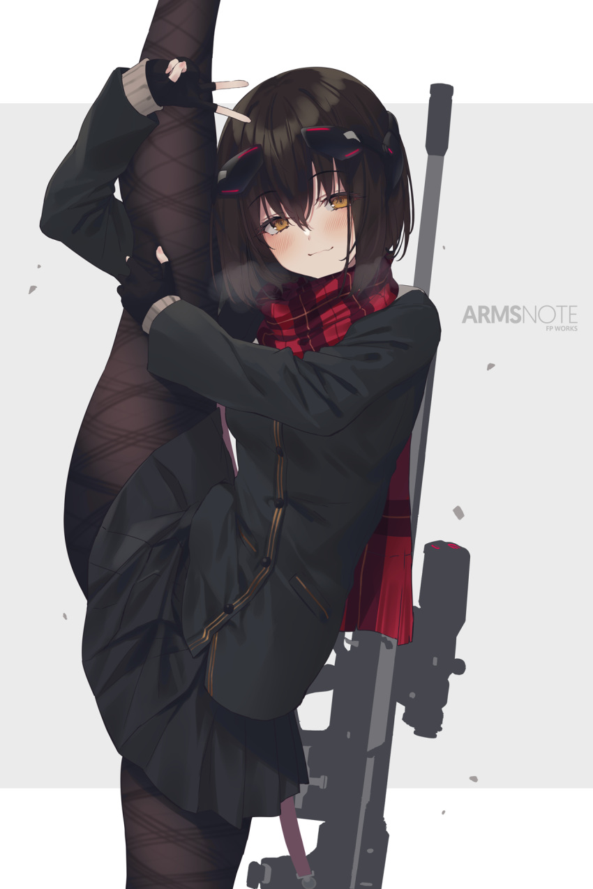 1girl arms_note black_pantyhose blush brown_hair fingerless_gloves flexible fukai_ryosuke gloves gun highres holster leg_hold leg_lift leg_up long_range_joshikousei_(fukai_ryousuke) looking_at_viewer pantyhose plaid plaid_scarf rifle scarf shiny_hair short_hair smile solo split standing standing_on_one_leg standing_split thigh_holster v weapon yellow_eyes