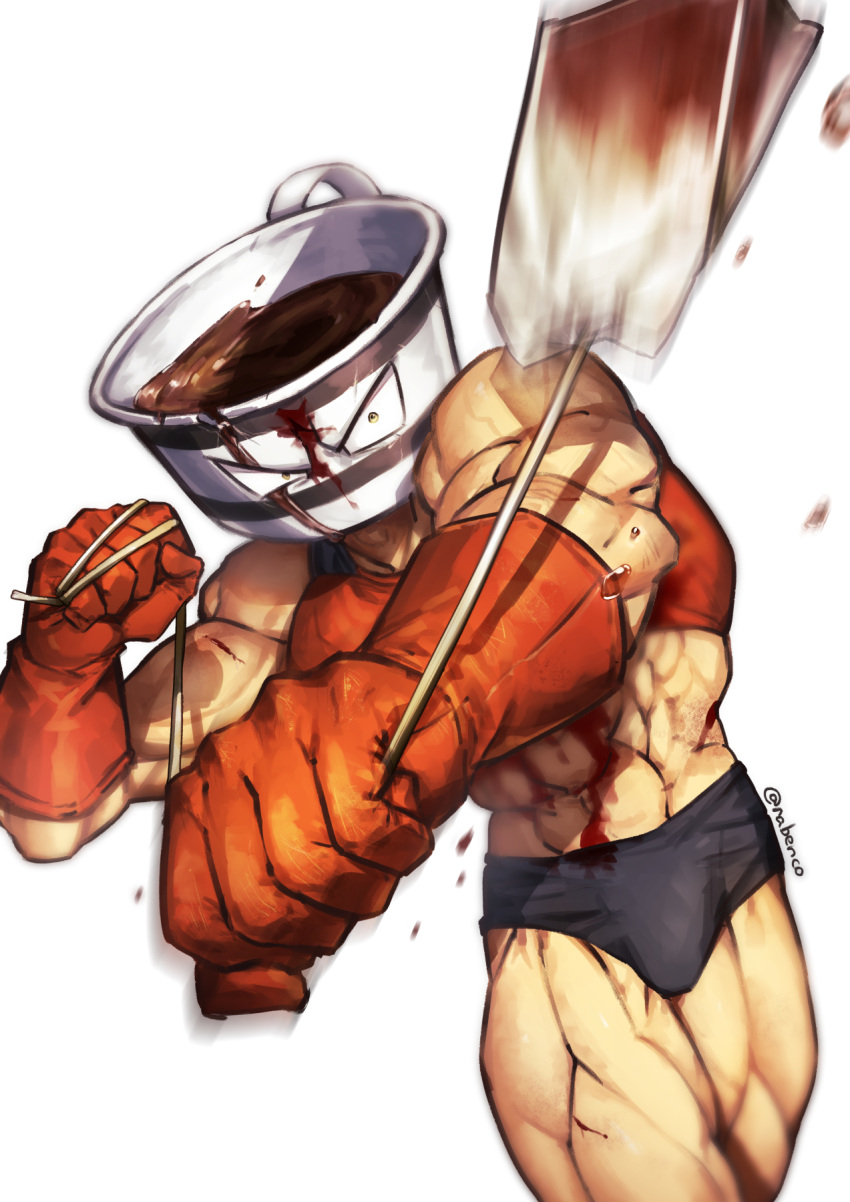 1boy abs blood cropped_shirt cup cuts feet_out_of_frame fighting_stance frown gloves highres injury kinnikuman looking_at_viewer manly muscular muscular_male nabenko red_gloves serious solo teabag teacup teapackman thighs wrestling_outfit