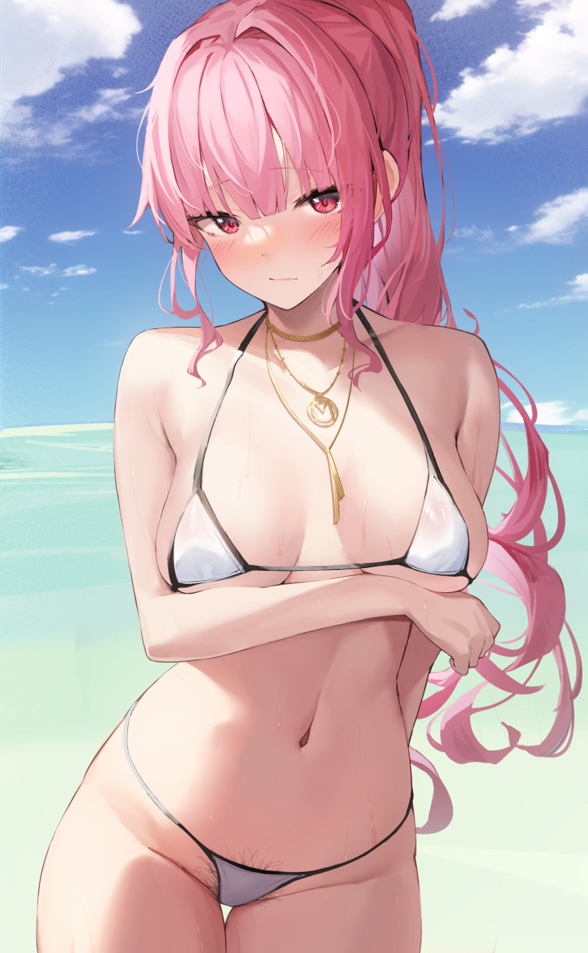 1girl absurdres alternate_breast_size arm_behind_back arm_under_breasts bare_arms bare_shoulders bikini blue_sky breast_hold breasts closed_mouth cloud cowboy_shot day female_pubic_hair gold_choker groin halterneck highres hololive hololive_english jewelry keienu0 long_hair looking_at_viewer medium_breasts micro_bikini mori_calliope multiple_necklaces navel necklace ocean outdoors pink_hair pubic_hair pubic_hair_peek red_eyes sky solo stomach swimsuit virtual_youtuber water white_bikini