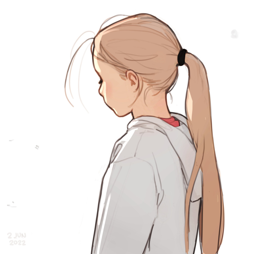 1girl absurdres blonde_hair dated facing_away highres hood hood_down hoodie long_hair luimiart messy_hair nape original ponytail red_shirt shirt signature simple_background solo white_background white_hoodie