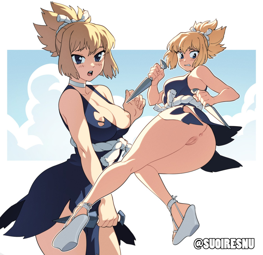 1girl ass bangs bare_arms blonde_hair blue_dress blue_eyes blush bottomless breasts choker commission dr._stone dress dual_wielding english_commentary full_body highres holding knife kohaku_(dr._stone) looking_at_viewer medium_breasts multiple_views nervous nipples no_panties open_mouth ponytail sandals short_hair solo suoiresnu thick_thighs thighs throwing_knife torn_clothes torn_dress twitter_username uncensored weapon white_choker