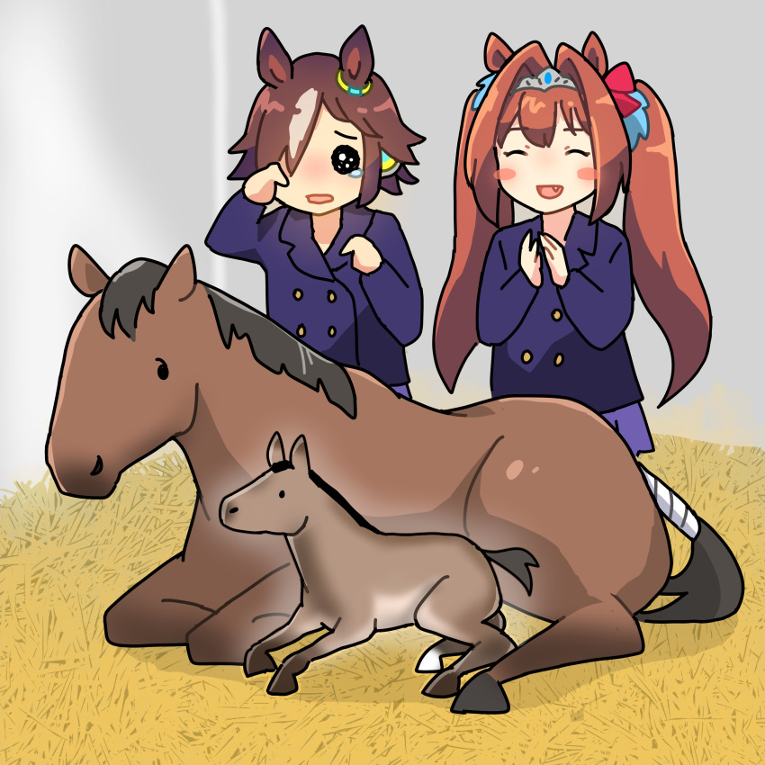 2girls absurdres animal_ears bangs blue_jacket blush_stickers bow brown_hair clapping commentary daiwa_scarlet_(umamusume) ear_ornament fang hair_bow hair_intakes hair_over_one_eye highres horse_ears horse_girl indoors jacket light_brown_hair long_hair long_sleeves multicolored_hair multiple_girls oishi_oiru purple_skirt real_life red_bow scarlet_tail_(racehorse) shiny_hair skirt tearing_up tiara twintails two-tone_hair umamusume vodka_(umamusume)