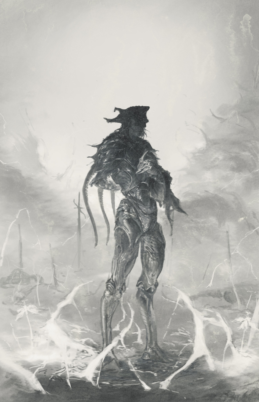 1other absurdres cmxv cthulhu_mythos field_of_blades greyscale highres monochrome nyarlathotep planted planted_sword solo sword weapon