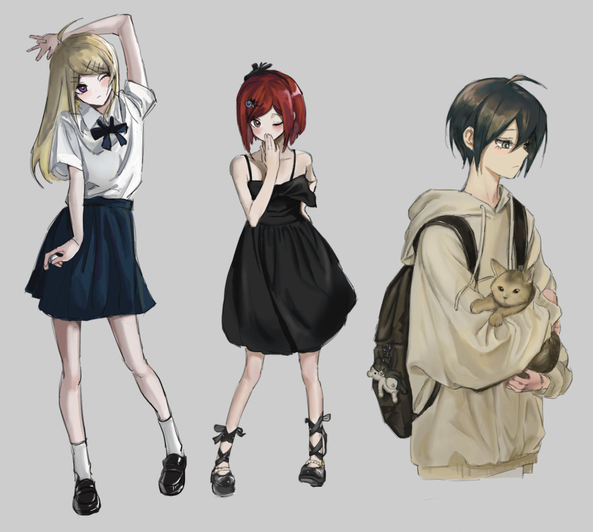 1boy 2girls ahoge akamatsu_kaede alternate_costume animal arm_up bangs bare_arms bare_shoulders black_bow black_bowtie black_dress black_footwear black_skirt blonde_hair bow bowtie brown_bag brown_eyes brown_hair brown_hoodie cat closed_mouth collarbone danganronpa_(series) danganronpa_v3:_killing_harmony dress frown grey_background hair_ornament hairclip highres holding holding_animal holding_cat hood hood_down hoodie long_hair monokuma multiple_girls pleated_skirt red_hair saihara_shuuichi shiny_hair shirt shirt_tucked_in shoes short_hair simple_background skirt socks tejava_(te_java_v3) white_shirt white_socks yumeno_himiko