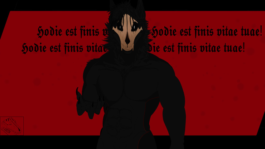 absurd_res anthro black_body black_fur canid canine canis claws dot_eyes empty_eyes fur hi_res hurion_(artist) latin_text looking_at_viewer male mammal mask musauriss_(hurion) muscular muscular_male neck_tuft red_background simple_background skull_mask solo text tuft watermark wolf